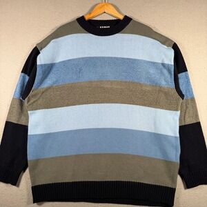 Koman Sport Mens XL Vintage Striped Knit Sweater Blue Green Crewneck Pullover